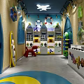 Colorful Kids Playroom Interior With Blue Walls Shelves Red Chair And Yellow Blue Floor
