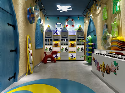 Colorful Kids Playroom Interior With Blue Walls Shelves Red Chair And Yellow Blue Floor 3d model