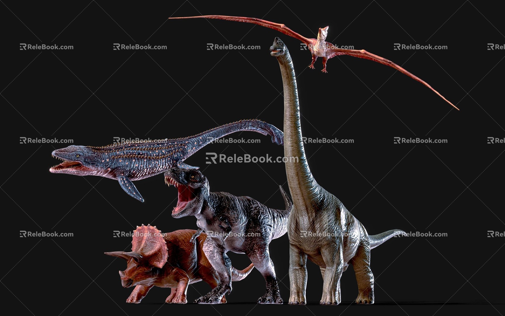 Dinosaur combination Tyrannosaurus Pterodactyl Triceratops Cangosaurus Long-necked Daurus Jurassic 3d model