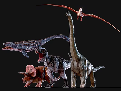 Prehistoric Reptiles Including Long Necked Sauropod T Rex Triceratops And Pterosaur 3d model