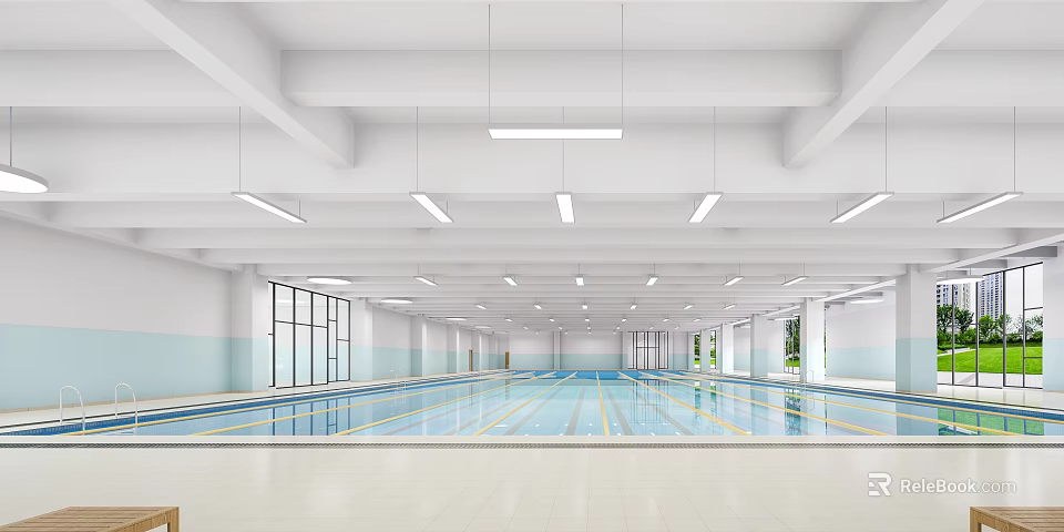 Indoor Swimming Pool Area With Bright Lighting For Sports Fitness 3d model 