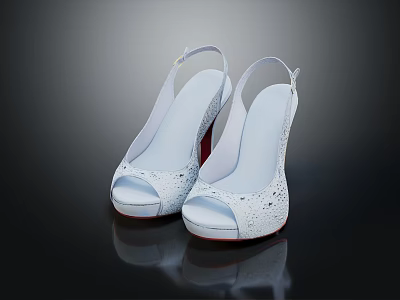 Women's Open Toe High Heel Shoes in White with Red Heel and Lace Pattern Design 3d model