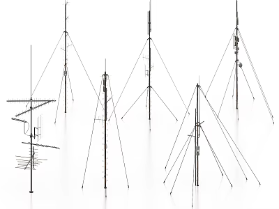 Industrial Equipment Multiple Tripod Towers With Antenna Brackets And Support Cables 3d model