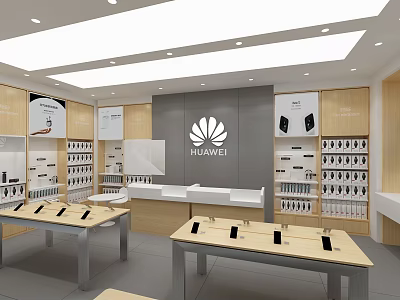 Huawei Digital Store Modern Interior with Smartphones on Display Tables and Product Shelves 3d model