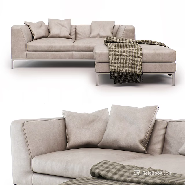 Stylish Light Gray Sofa Set with Plaid Blanket Ottoman and Soft Cushions 3d model