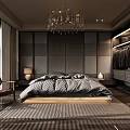Dark Toned Bedroom Interior With Chandelier Window Blinds Large Bed Wooden Floor And Rug