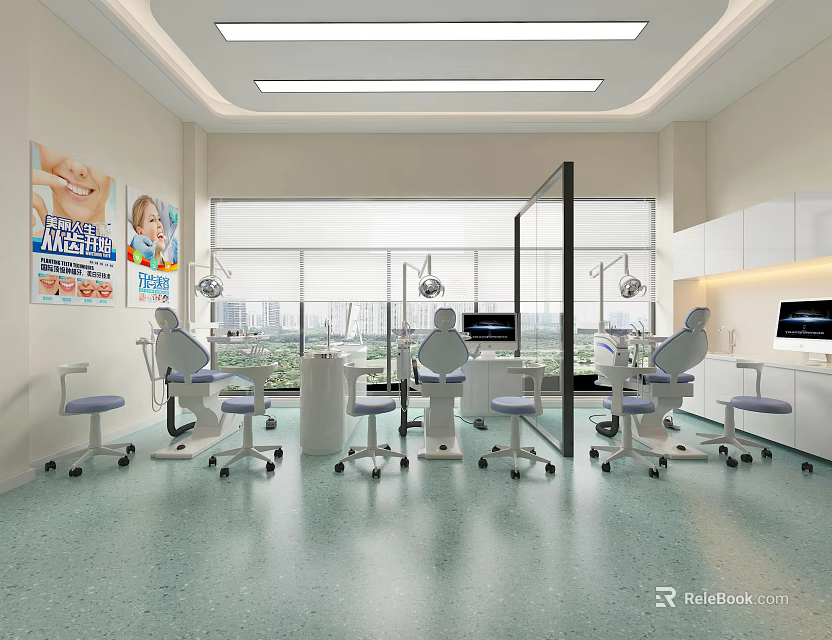 Modern Dental Clinic Interior With Dental Chairs Computers Windows White Cabinets And Posters 3d model 