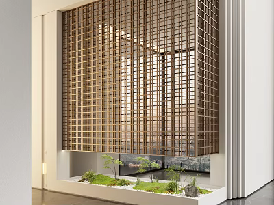 Modern Entryway With Wooden Lattice And Greenery Landscape 3d model
