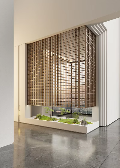 Modern Entryway With Wooden Lattice And Greenery Landscape 3d model