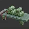 Natural Wooden Platform Featuring Stacked Stone Rolls And Solid Stone Legs Design