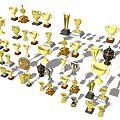 Various Gold Silver Trophies And Medals With Different Shapes And Base Designs
