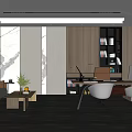 Modern Office Interior With Sofa Coffee Table Desk Chairs And Bookshelf 3d model