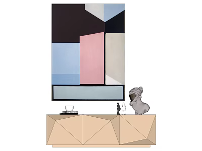Modern Interior With Geometric Abstract Painting On Wall And Light Colored Cabinet With Decorative Sculpture 3d model