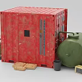 Industrial Equipment Including Red Storage Container Green Oil Tank And Sandbags