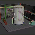 Industrial Cylindrical Tank With Red Pipes Metal Grid Floor And Green Control Box