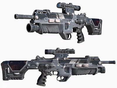 Futuristic Tactical Rifles Showcasing Scope Multiple Attachments And Metallic Finish In Two Views 3d model