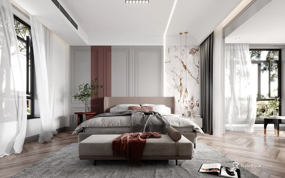 Modern Bedroom Interior Design With Tufted Headboard Area Rug And Pendant Lights 3d model 