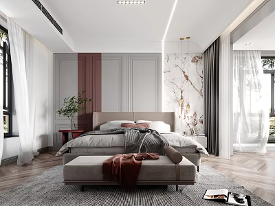 Modern Bedroom Interior Design With Tufted Headboard Area Rug And Pendant Lights 3d model