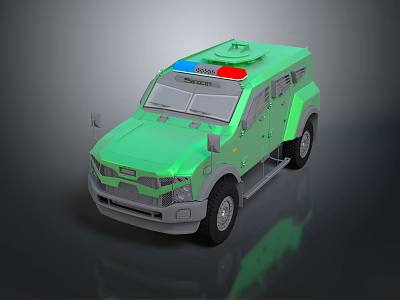 Green Armored Police Vehicle With Rooftop Flashing Lights And Sturdy Design 3d model
