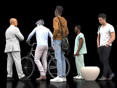Group of people with diverse outfits standing near bicycle and white container on black background 3d model
