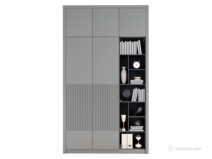 Modern Bookcase Design With Open Shelves Gray Black Finish And Decorative Books 3d model 