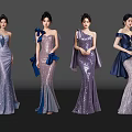Women Wearing Sequin Dresses With Different Styles And Bow Decorations
