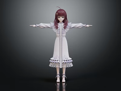 3D Humanoid Character With Purple Hair White Frilled Lace Dress Arms Outstretched On Dark Background 3d model