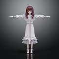 3D Humanoid Character With Purple Hair White Frilled Lace Dress Arms Outstretched On Dark Background