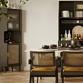 Modern Restaurant Interior With Dining Table Rattan Chairs Cabinet And Green Plant
