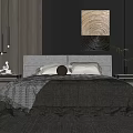Modern Bedroom Interior With Wooden Walls Ambient Lighting Upholstered Bed Abstract Painting Potted Plant And Rug