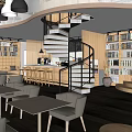 Modern Café Interior With Curved Layout Round Tables Wooden Seating And Bar Counter