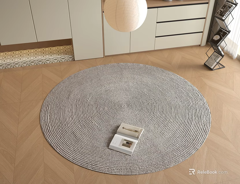 Gray Woven Round Area Rug On Wooden Floor With Modern Furniture And Lamp 3d model 