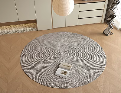 Gray Woven Round Area Rug On Wooden Floor With Modern Furniture And Lamp 3d model