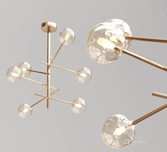 Elegant Modern Golden Chandelier With Transparent Spherical Shades And Multiple Illuminated Arms 3d model 