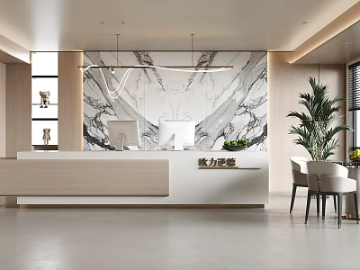 Modern Reception Desk Design With Marble Backdrop And Green Plant Accent 3d model