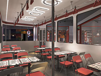 Modern Restaurant Interior With Red Chairs White Tables And Ceiling Lights 3d model