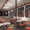 Modern Restaurant Interior With Red Chairs White Tables And Ceiling Lights