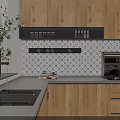 Modern Kitchen Interior With Wooden Cabinets Marble Countertop Sink Gas Stove And Green Plant