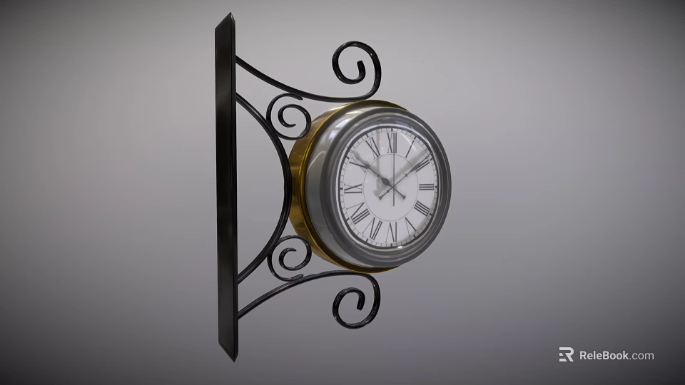 Vintage Wall Clock With Iron Bracket Scroll Design And Roman Numeral Dial 3d model 
