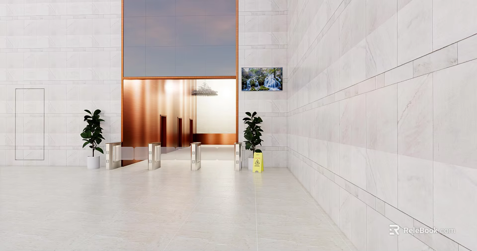 Public Facility Lobby With Copper Entrance White Marble Walls Floor Metal Railings And Green Plants 3d model 