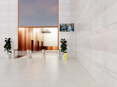 Public Facility Lobby With Copper Entrance White Marble Walls Floor Metal Railings And Green Plants 3d model