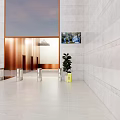 Public Facility Lobby With Copper Entrance White Marble Walls Floor Metal Railings And Green Plants