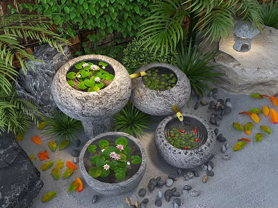 Stone Water Fountain with Lotus Leaves Pink Flowers Green Plants Stones and Fallen Leaves 3d model