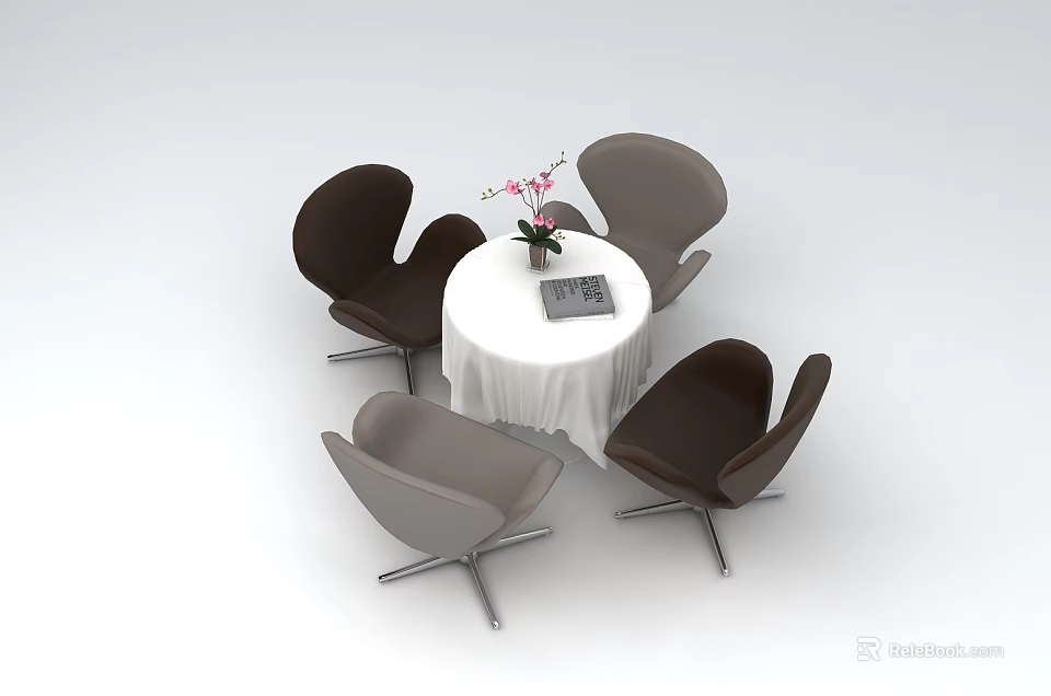 Stylish Leisure Chairs Around Round White Table With Pink Flowers And Book 3d model 