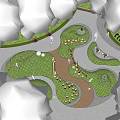 Outdoor Children's Play Area With Lush Trees Green Lawn Kids Bicycling And Decorative Sculpture