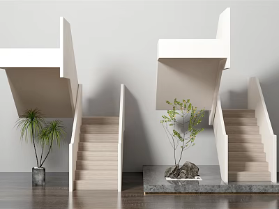 Modern White Stairs Interior Design With Green Plants And Marble Base 3d model