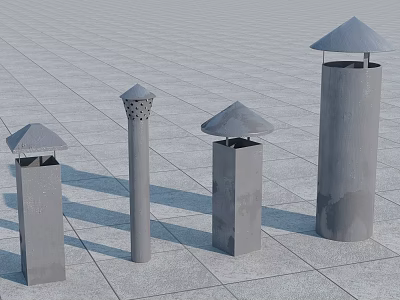 Various Architectural Chimney Structures With Different Roof Designs On Tiled Floor 3d model