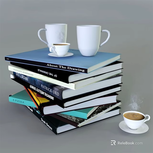 Stack of Books and Magazines with White Mugs on Top and Coffee Cup with Steam 3d model 