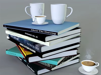 Stack of Books and Magazines with White Mugs on Top and Coffee Cup with Steam 3d model