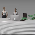 White Curved Reception Desk With Computer On Top And Green Tree Decor Beside Two People